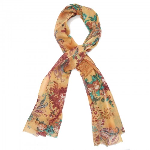 Floral Prints Silk + Wool Scarf (Peach-Orange)
